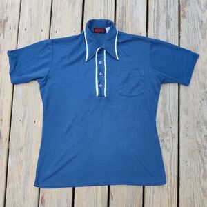 Rockabilly Polo Shirt Dagger Collar Mens L Blue Pocket 4 Button Disco Mod Golf